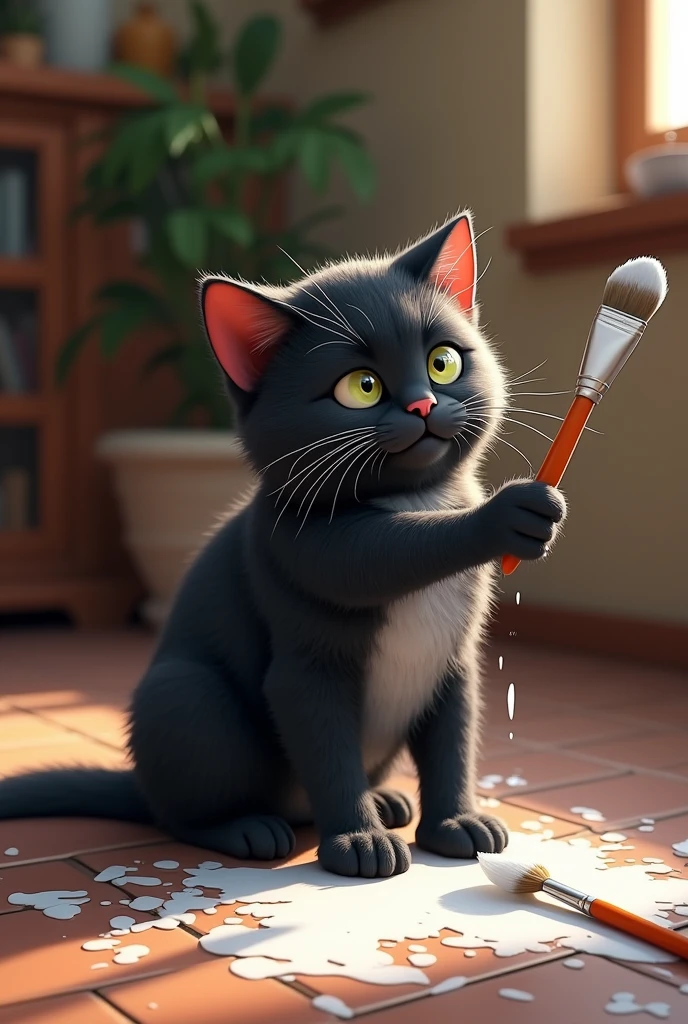 Black ai cat tried to paint himself white in home