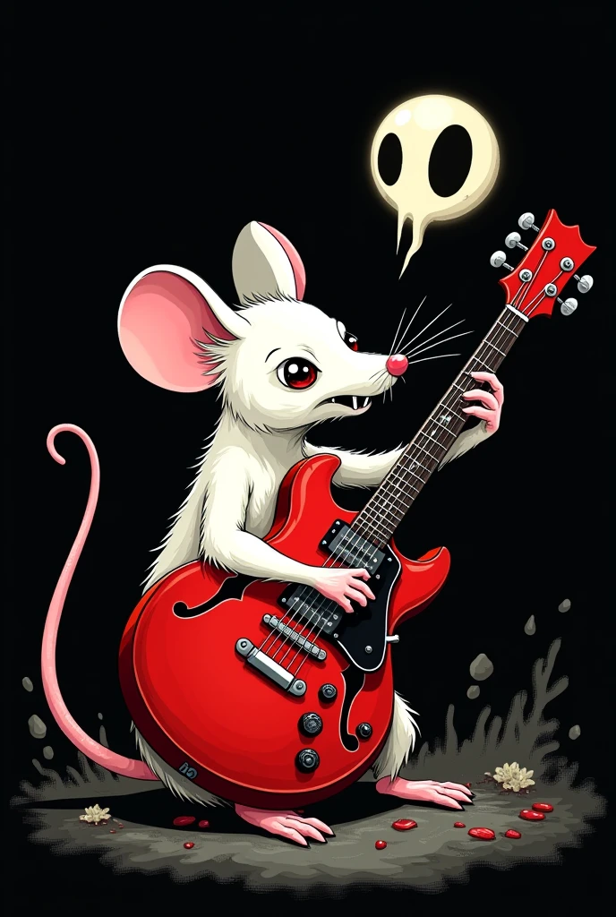 Make an image of a white mouse playing a red guitar and the black background has to be a cartoon and a little scary and make it like a rock logo and on the guitar it has to say mendigoous Scary Make it scarier and say mendigoous below