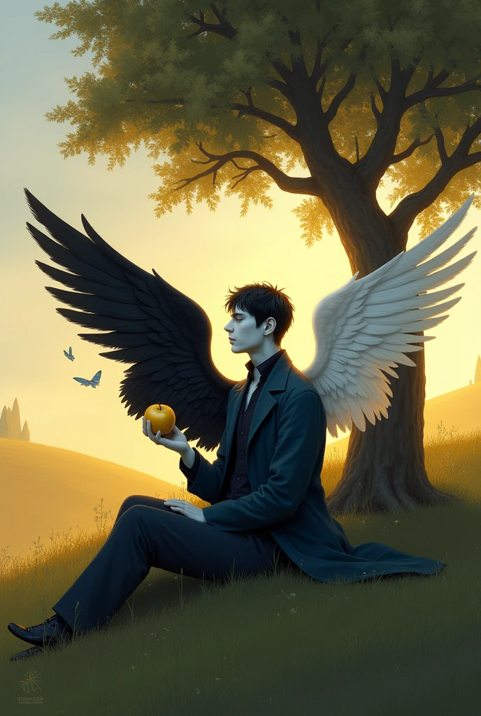Create an image 1024 px X 768 px. The image must be a field, there should be a hill with a tree on top, in the shade of the tree there is a man leaning against it he is wearing a dark blue lab coat, he is white and has dark hair, from its back come a wing of black feathers and a wing of white feathers. The man holds a bitten golden apple in one hand while the other is on his knee.. he watches a butterfly with crystal wings during dawn (Around 8 to 9 in the morning)