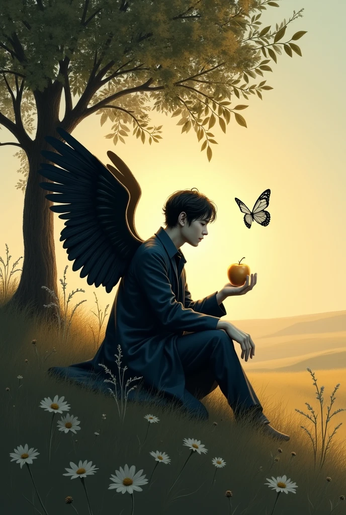 Create an image 1024 px X 768 px. The image must be a field, there should be a hill with a tree on top, in the shade of the tree there is a man leaning against it he is wearing a dark blue lab coat, he is white and has dark hair, from its back come a wing of black feathers and a wing of white feathers. The man holds a bitten golden apple in one hand while the other is on his knee.. he watches a butterfly with crystal wings during dawn (Around 8 to 9 in the morning)