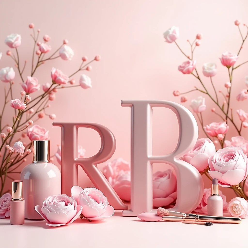  Create an image that has the letters "RB" stylized in the center in capital letters, in a stylish, modern font, with a soft pink tone. In front of the letters, put beauty products, like perfume bottles, lipsticks and makeup brushes, all in shades of pink. The background must be floral, with delicate flowers, like roses and peonies, in pastel tones that complement the products. The image must have a sophisticated and harmonious style, conveying a sense of beauty and elegance.