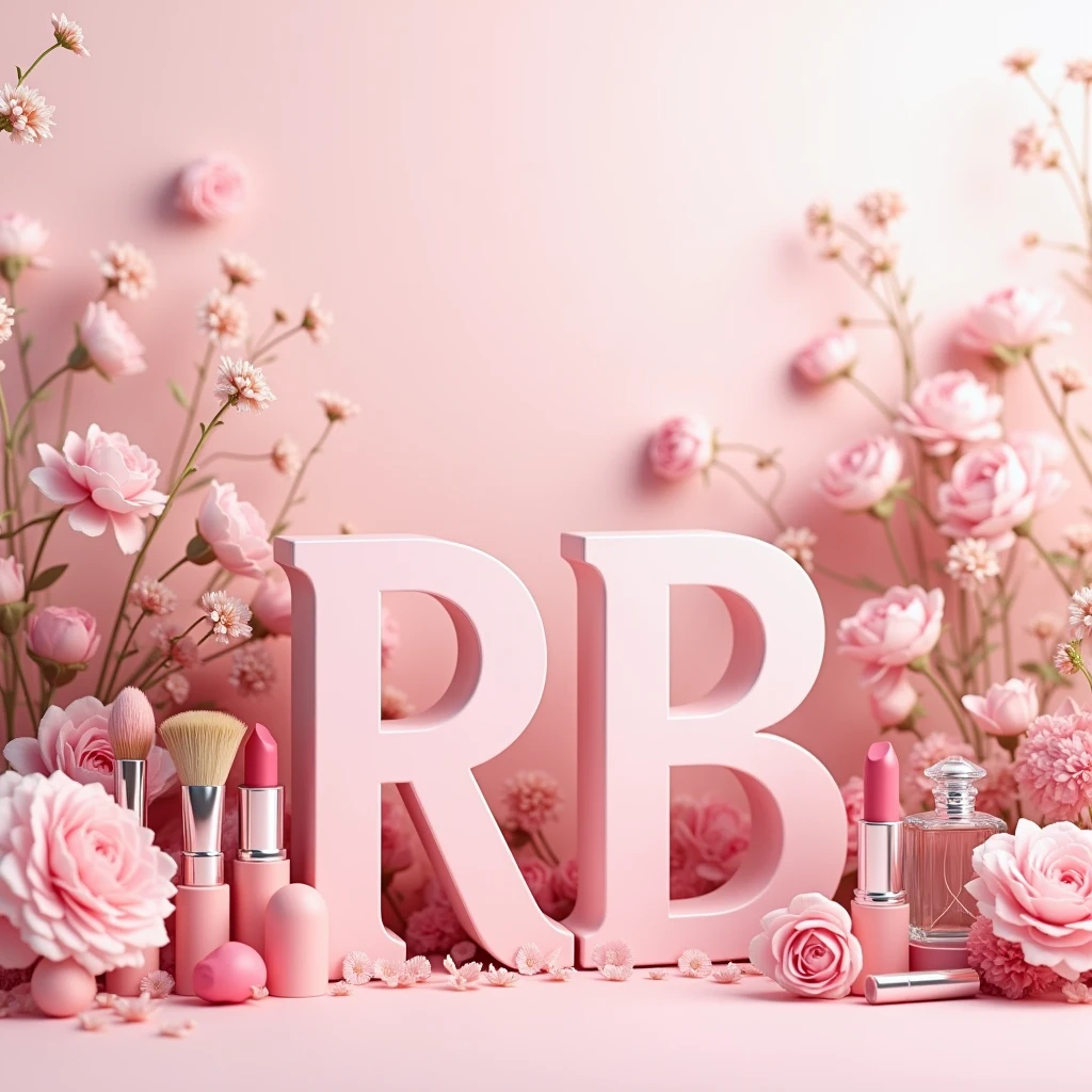 Create an image that has the letters "RB" stylized in the center in capital letters, in a stylish, modern font, with a soft pink tone. In front of the letters, put beauty products, like perfume bottles, lipsticks and makeup brushes, all in shades of pink. The background must be floral, with delicate flowers, like roses and peonies, in pastel tones that complement the products. The image must have a sophisticated and harmonious style, conveying a sense of beauty and elegance.