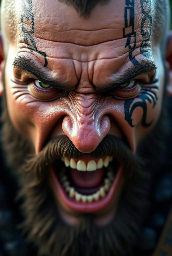 Close up full face of a realistic Viking warrior screaming with his teeth bared with a Norse tattoo around his eye and with his eyes open, even showing the hair