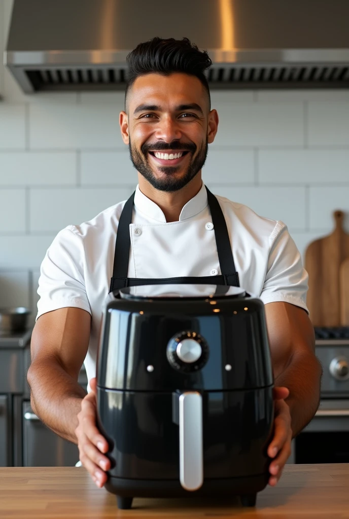 Create me a super realistic image of a very handsome Colombian chef with an air fryer in his hand