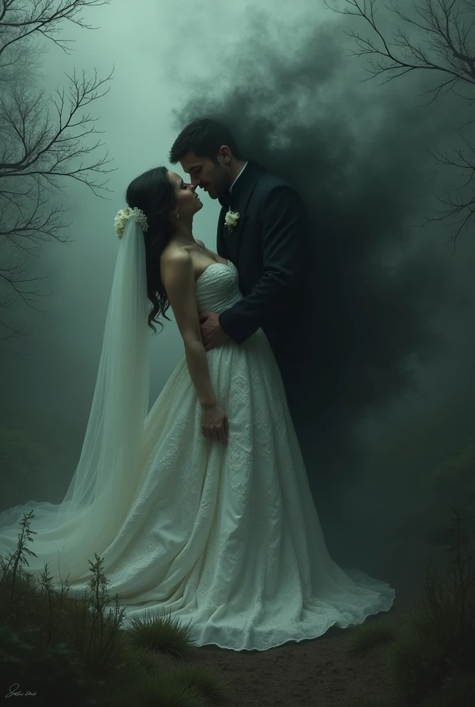 Wedding couple being pulled by darkness