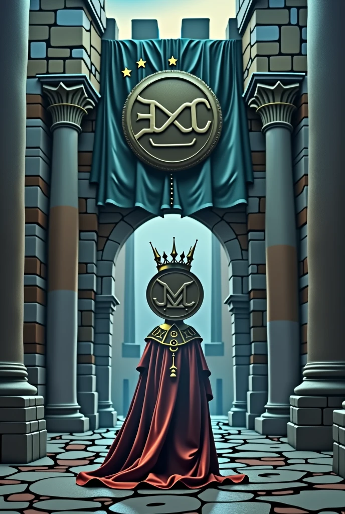 The king, whose head is very big and looks like a coin and has a crown, enters a big castle, the flag of which is written Mexc, and the color of the flag of that land is dark blue.