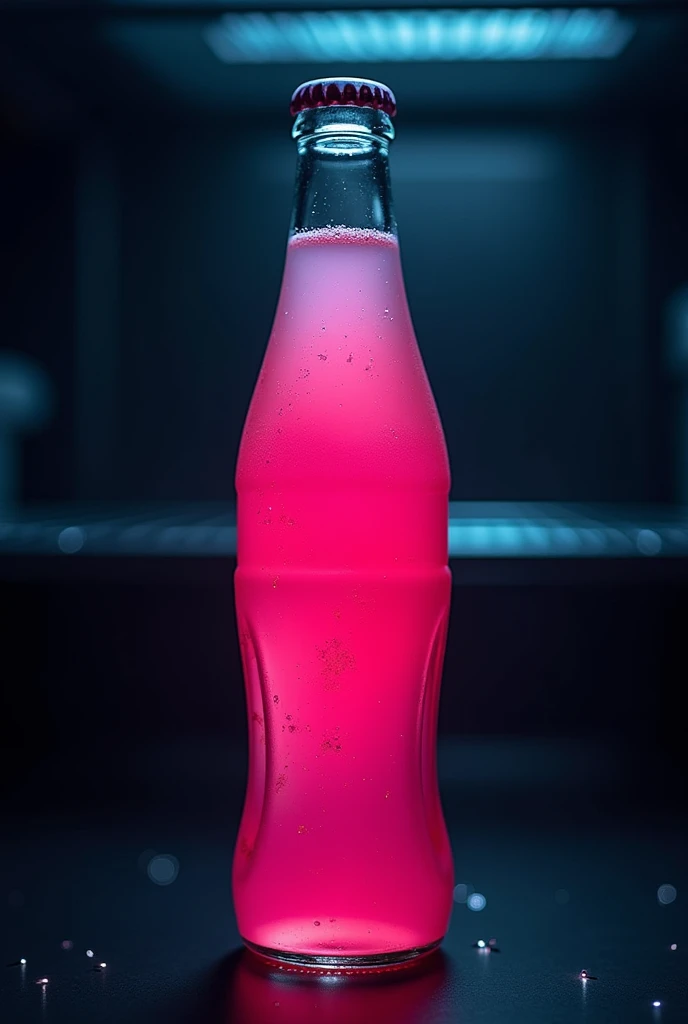 arafed bottle of PEPSI refrigerator with a pink liquid inside, dramatic product photography, commercial product photography, pbr render, hyper-realistic poison bottle, miniature product photo, product photography, product photography 4 k, hyper-realistic colorful photo, “hyper realistic, PEPSI, dramatic product photo, hyper-realistic detailed rendering, refrigerator, against a deep black background, 35mm Product Photo, brushed glass bottle, image on the horizon line, view from bottom to top"