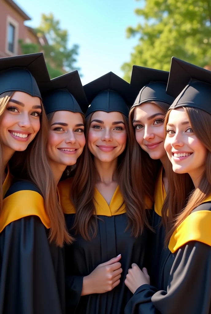 a group of 5 friends graduating together, beautiful detailed eyes, beautiful detailed lips, extremely detailed eyes and face, long eyelashes, students in graduation gowns and caps, smiling, happy, outdoor campus setting, trees, blue sky, sunlight, vibrant colors, (best quality,4k,8k,highres,masterpiece:1.2),ultra-detailed,(realistic,photorealistic,photo-realistic:1.37),vivid colors, natural lighting