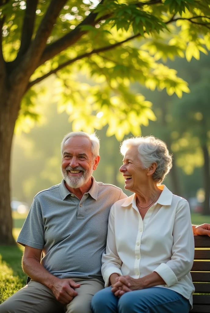 (masterpiece, Best Quality, High resolution: 1.2), (photorealistic: 1.2), (Bright and warm: 1.3), a smiling and happy elderly couple, hidden hands, Captured in a park on a sunny day. They are sitting together on a bench under a leafy tree, surrounded by a green and flourishing landscape. looking to the camera, smiling with warmth. Sunlight passes through the leaves, creating a soft and warm play of light and shadow in the scene. transmitting love and satisfaction on their faces. The atmosphere is serene and cheerful., with bright colors that highlight the vitality of the moment. The camera captures the scene in sharp focus, highlighting the details of your clothes, the textures of the environment, and the sparkle in his eyes, symbolizing a full and balanced life.