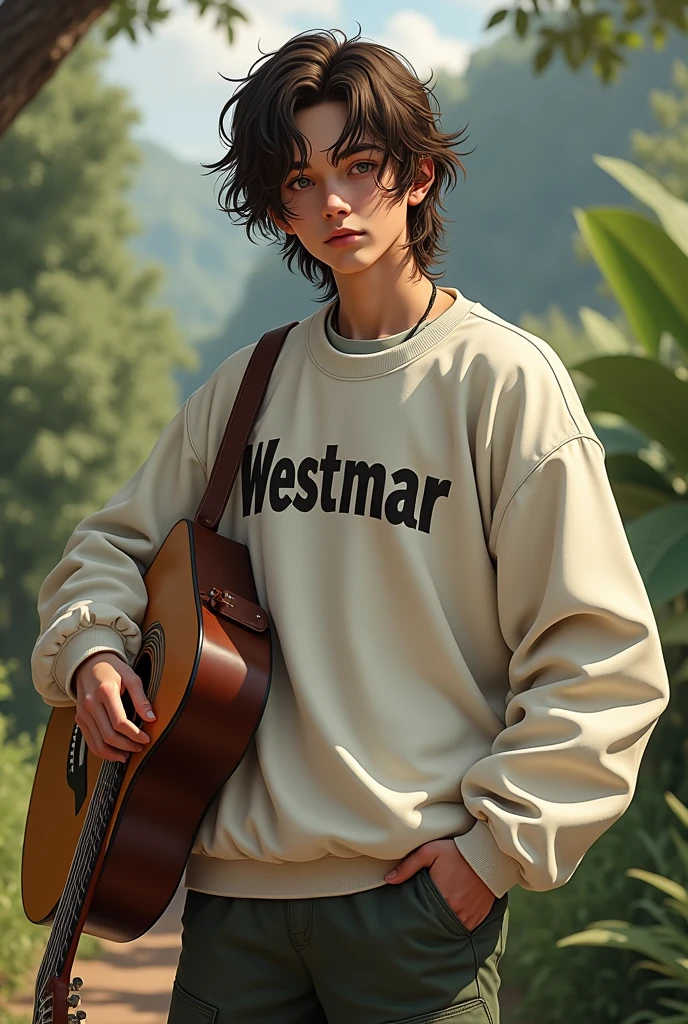 Young man with long hair, with a guitar and a sweatshirt with the word WestMar on it