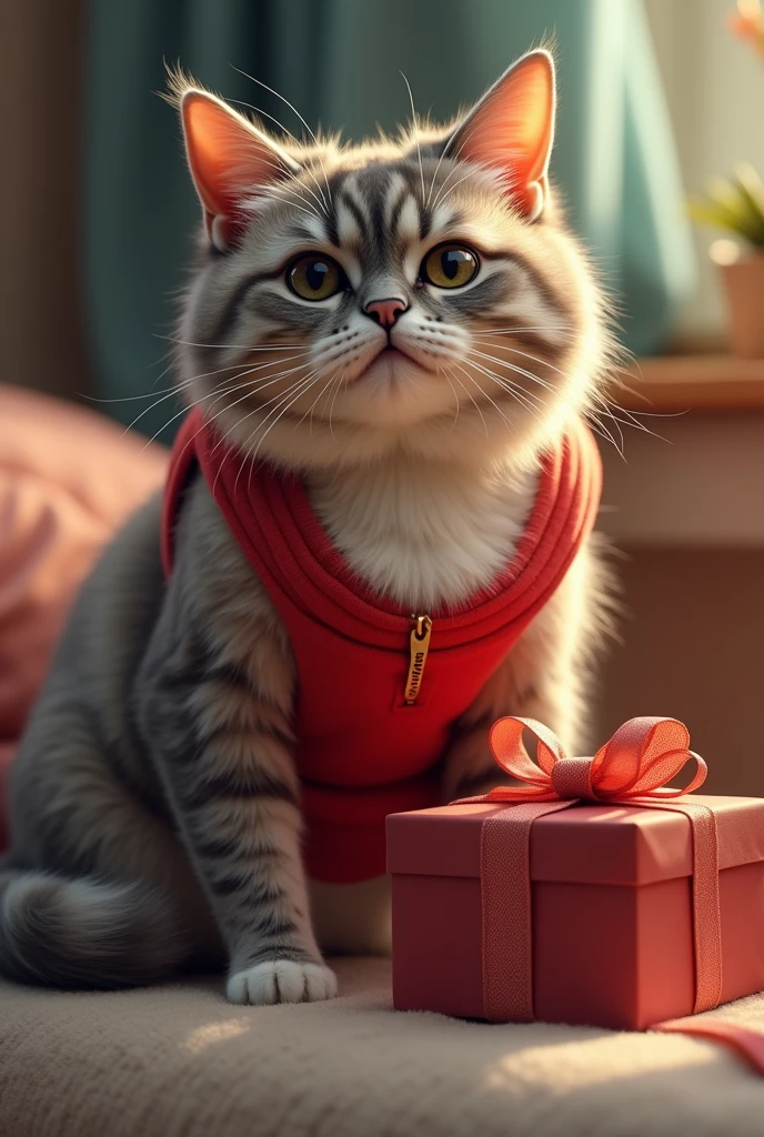 Please make a cat wearing a red tank top, And the gift contains a mobile phone.

