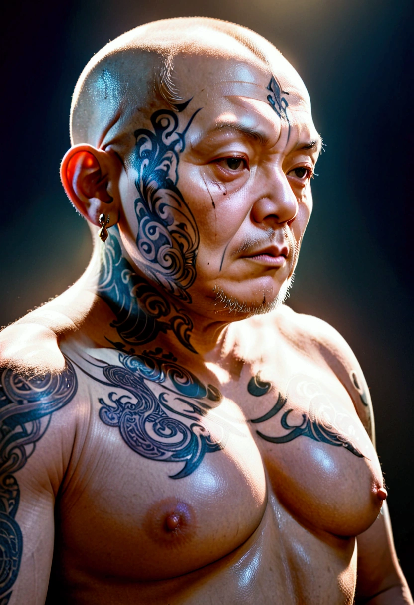 (old fat monk with thinning hair,tattoos all over body,detailed portrait,highly detailed face,hyperrealistic,3d render,masterpiece,8k,photorealistic,cinematic lighting,dramatic lighting,moody lighting,dramatic pose,mystical,spiritual,intense gaze,intricate tattoos,lush textures,rich colors,chiaroscuro,dramatic shadows,atmospheric)