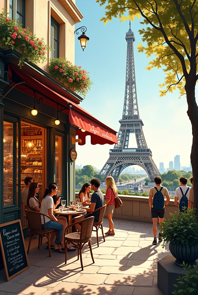 An image that I can draw for you about a cafe in Paris that has chairs outside and from where you can see the Eiffel Tower