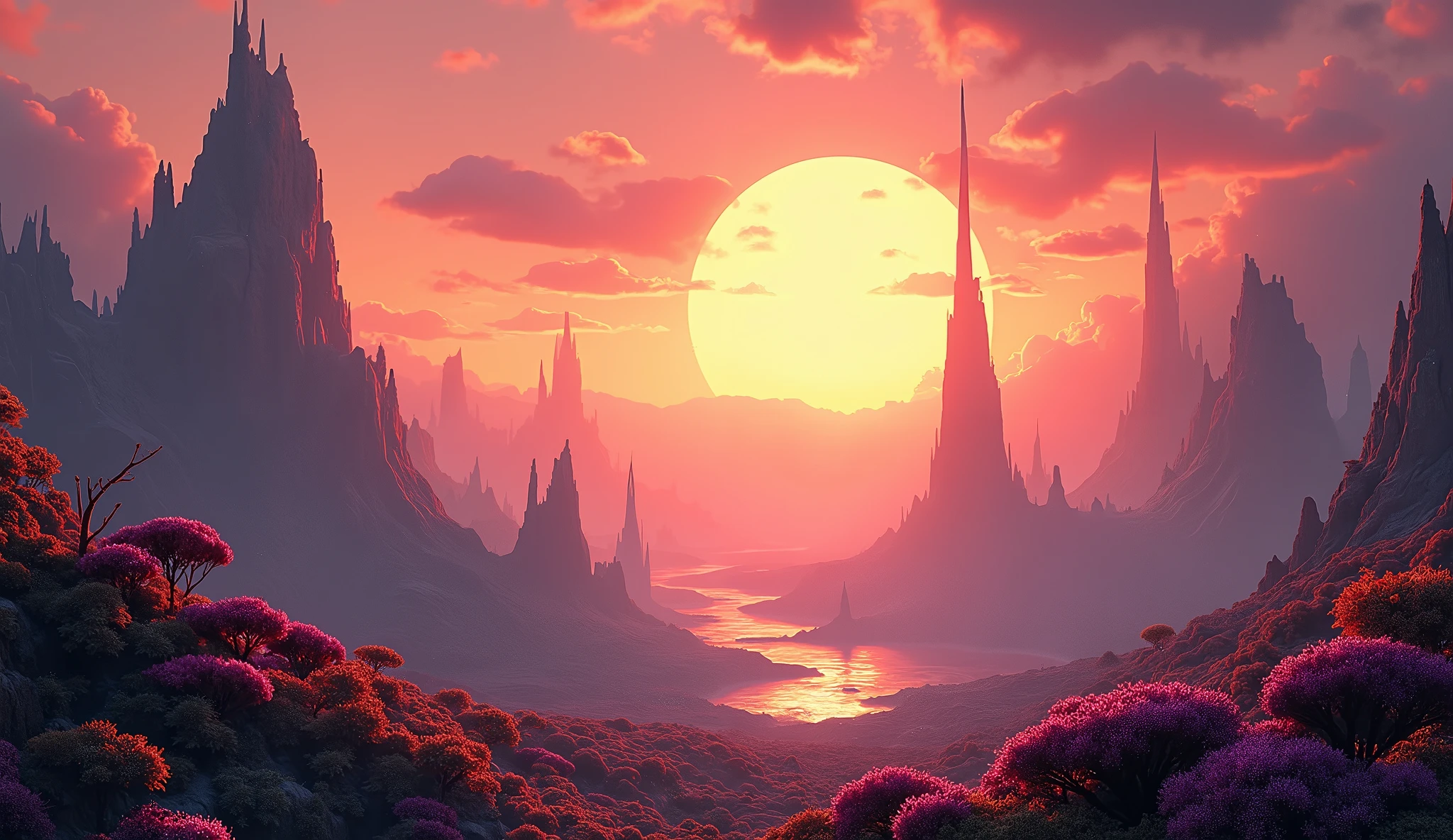 A breathtaking alien planet at dawn, (best quality,4k,8k,highres,masterpiece:1.2),ultra-detailed,(realistic,photorealistic,photo-realistic:1.37),dramatic lighting,glowing sky,alien landscape,futuristic architecture,floating islands,bioluminescent flora,atmospheric fog,intricate alien flora and fauna,cinematic composition,vibrant colors,warm lighting,dramatic shadows,detailed textures,intricate details