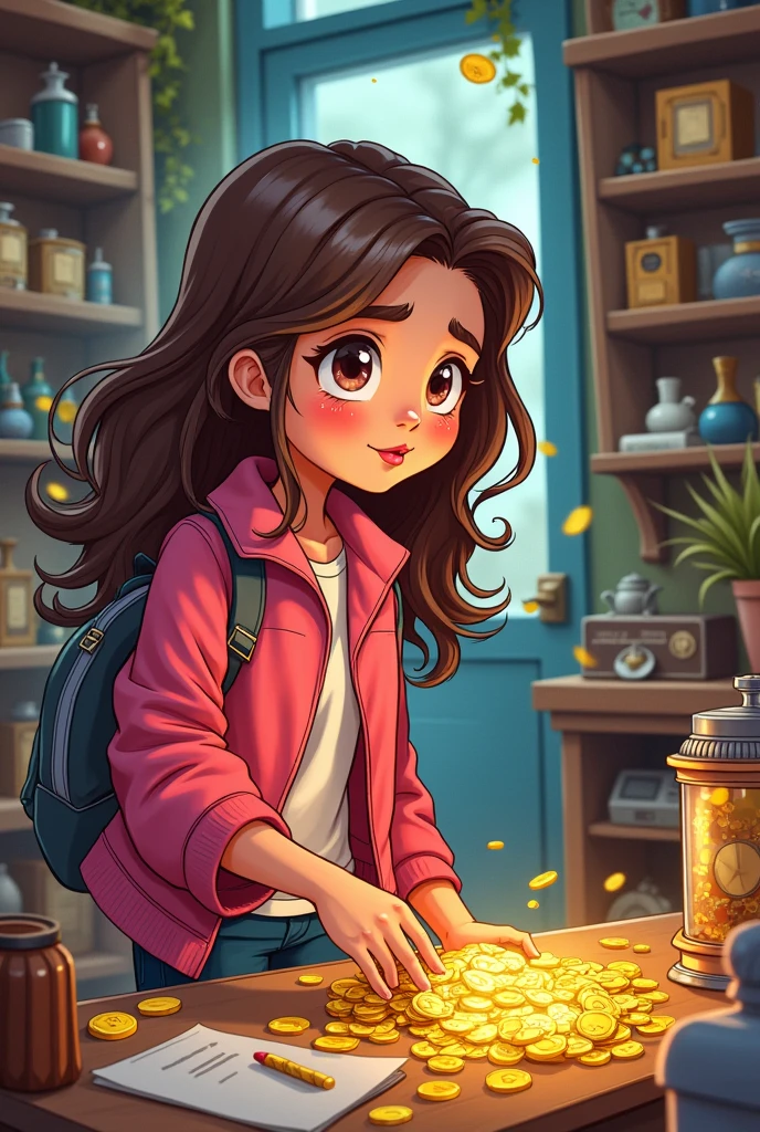 in cartoon drawing, has a young college girl picking up a gold coin from a shelf in an antique shop wearing a pink-red jacket, free hair 

