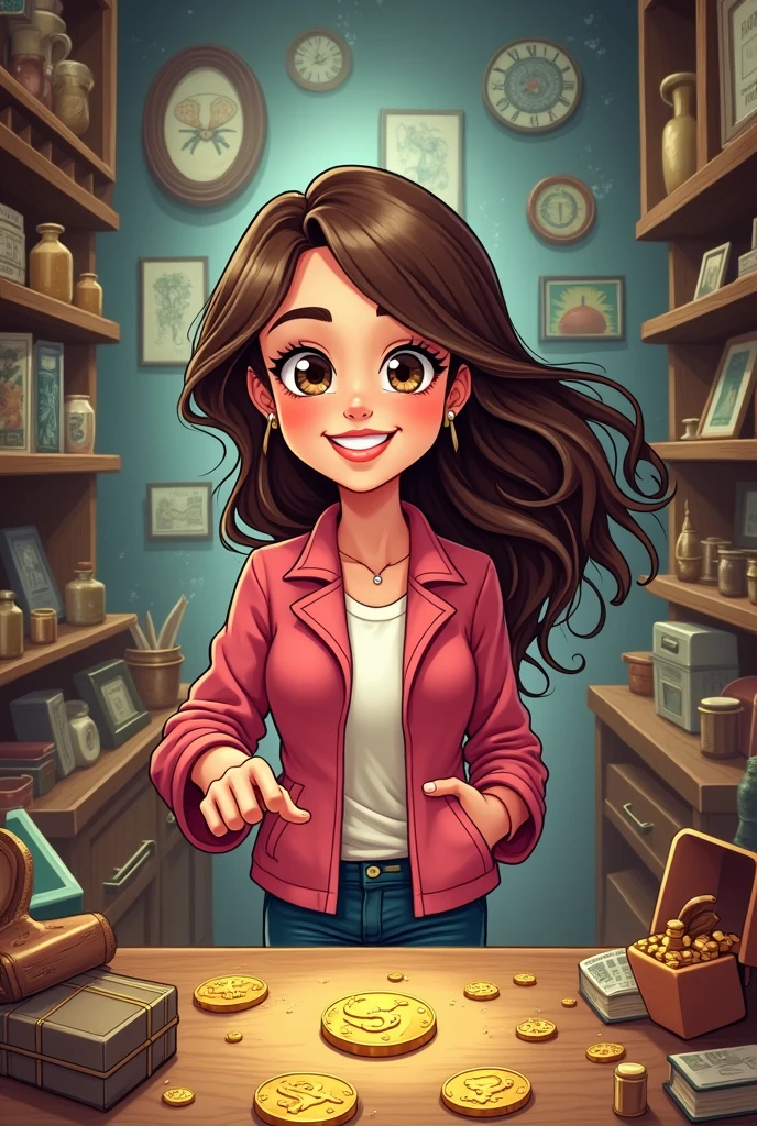 in cartoon drawing, has a young college girl picking up a gold coin from a shelf in an antique shop wearing a pink-red jacket, free hair 

