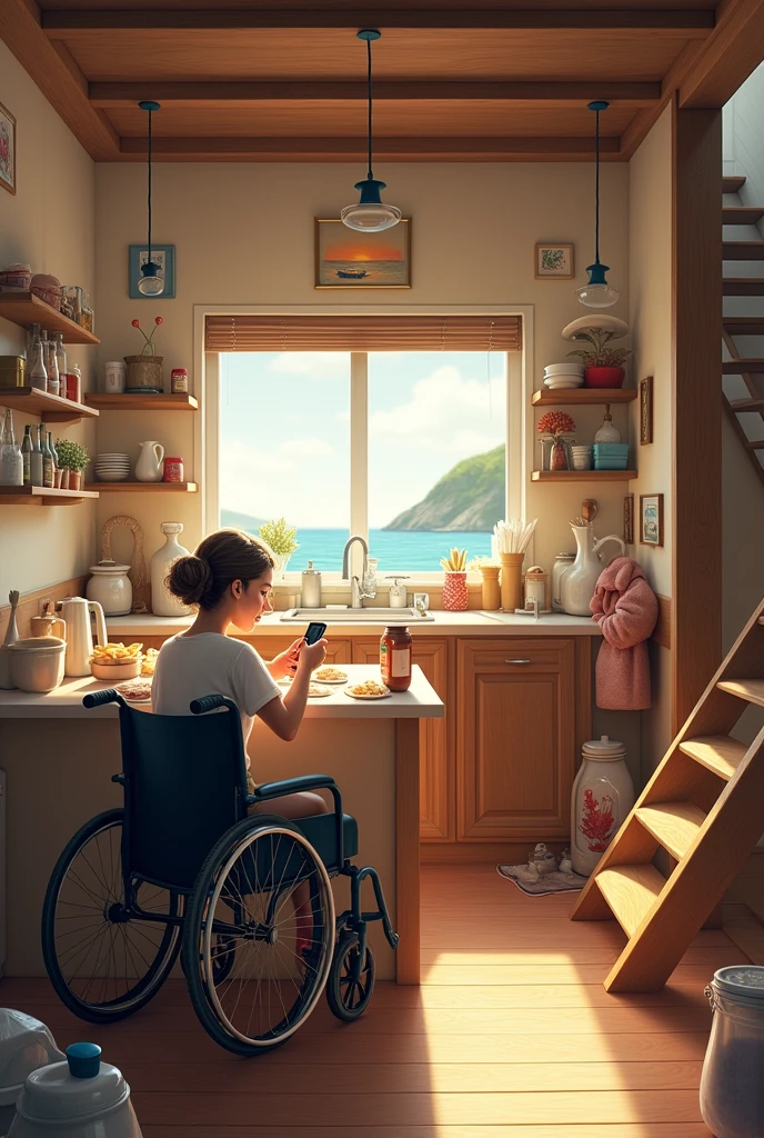 In front of me there is a large table with six chairs , full of materials and ingredients for cakes and pies , a woman in a wheelchair using her cell phone on a messy table , a small painting on the wall with a drawing of the sea , and a staircase on the right side that gives access to a room above , and I who am thinking about the image am sitting on this staircase observing everything 