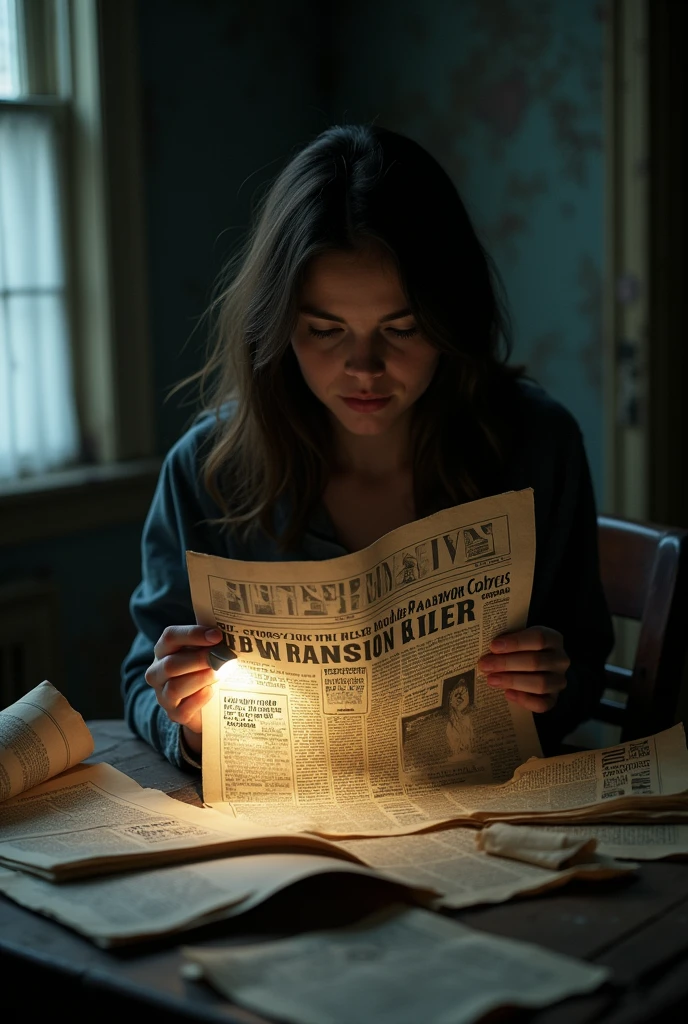 Finding the newspaper about the old murderess"
"The young woman enters a dark, dusty room, the air thick with the smell of mold and decay. The environment is decadent, with old furniture covered in dusty white sheets and dirty windows that let in only a faint glow of light. In the corner of the room, a dark wooden table is cluttered with old objects and crumpled papers.

As she explores, your eyes fall on an old, yellowed newspaper, partially hidden under a pile of other papers. Com cuidado, she takes it out and places it on the table, the light of the flashlight illuminating the crumpled pages. The newspaper&#39;s cover is dated decades ago and features a flashy headline about the old murderess: &#39;Mystery Solved&#39;: The Hunt for the Mansion Killer.

The first page reveals details about the crimes committed by the old woman, including reports of disappearances and brutal murders, as well as the capture of the killer and her apparent escape to this old house. The article describes the house as a place of terror and mystery., claiming that the old woman was never actually found.

The young woman reads the information with her heart racing, each word adding a new layer of fear and understanding about the danger she faces. The newspaper appears to confirm their worst fears and offers crucial clues as to what may be hidden in this sinister house.."
