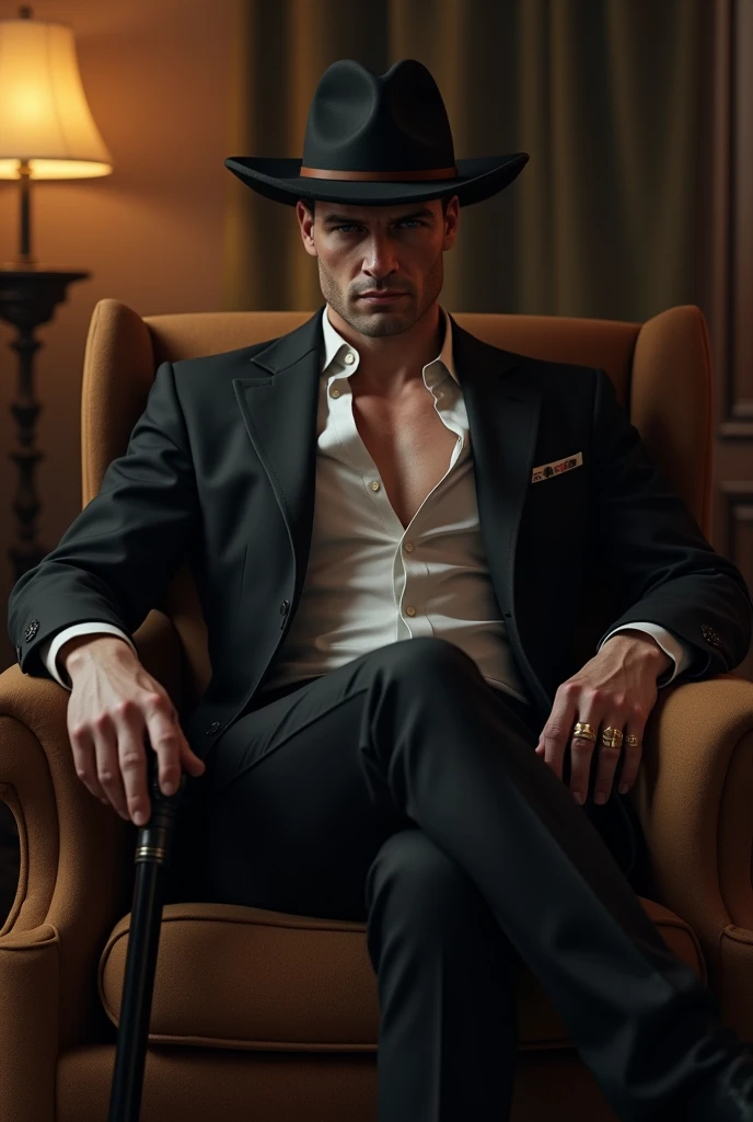 mobster(naughty man) With a hat on his head, he is blind and uses a cane. is 25 to 30 years old, beautiful  face. is sitting in an armchair. He is handsome and has broad shoulders and an elegant and sensual athletic body.. PICTURE REALISTIC.