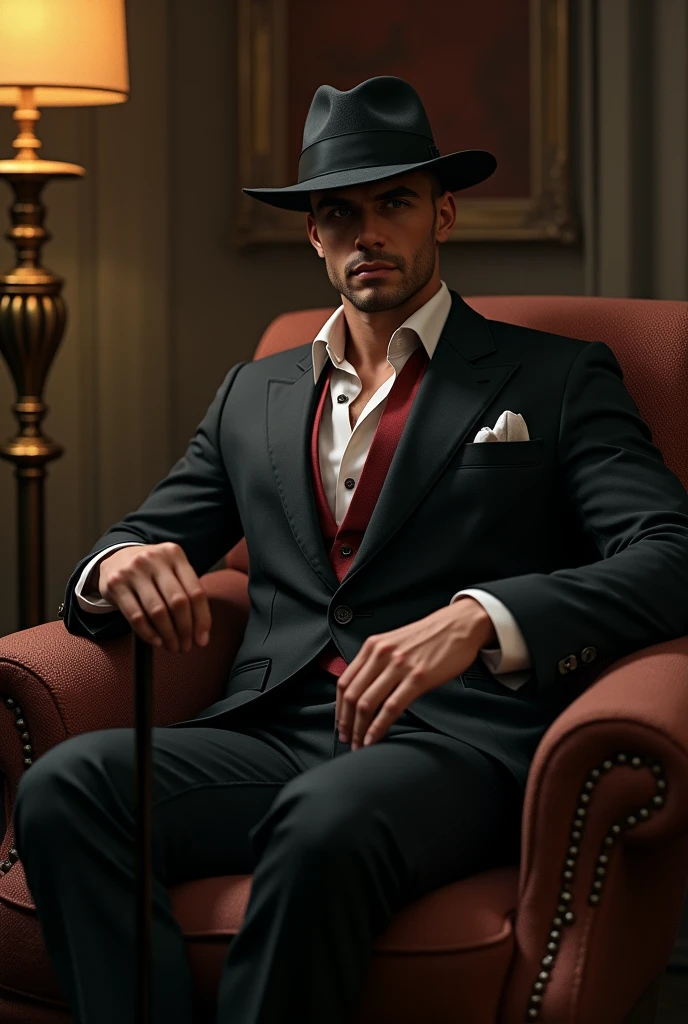 mobster(naughty man) With a hat on his head, he is blind and uses a cane. is 25 to 30 years old, beautiful  face. is sitting in an armchair. He is handsome and has broad shoulders and an elegant and sensual athletic body.. PICTURE REALISTIC.