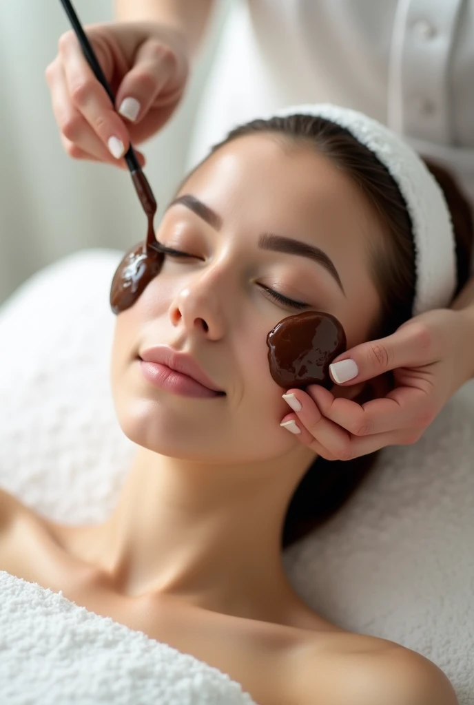woman during facial massage with chocolate where white color predominates