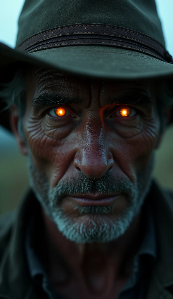 A close-up of the farmer’s glowing eyes beneath the brim of the hat, filled with a cold, eerie light.