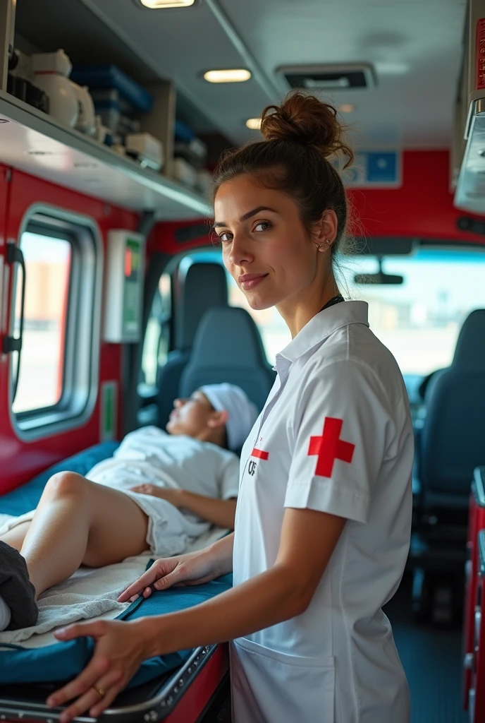 An image of a nurse in a SAMU Peru ambulance, to print on a bottle