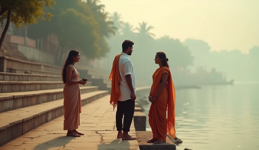 A serene scene by the Ganges River featuring a priest talking to a young man and a woman. The 30-year-old man is dressed in a white shirt and black pants, while the 2 woman is wearing a traditional saree. The priest is adorned in an ocher-colored dhoti and panjabi. In the background, a well-built riverbank with beautiful steps leading down to the river is visible. The atmosphere is enhanced with a smokey color grade and a subtle blur effect, creating a mystical and peaceful ambiance.
