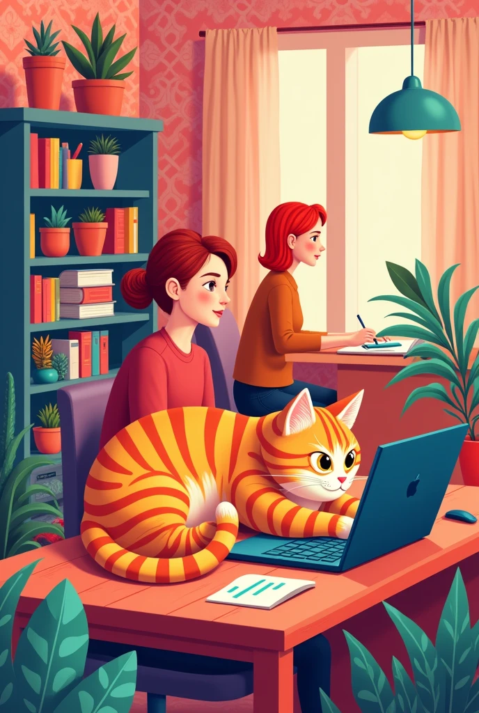 Striped cat lying on a laptop in a home office setting with a redheaded employee. Use vibrant colors, mainly orange and pink. Wallpaper style