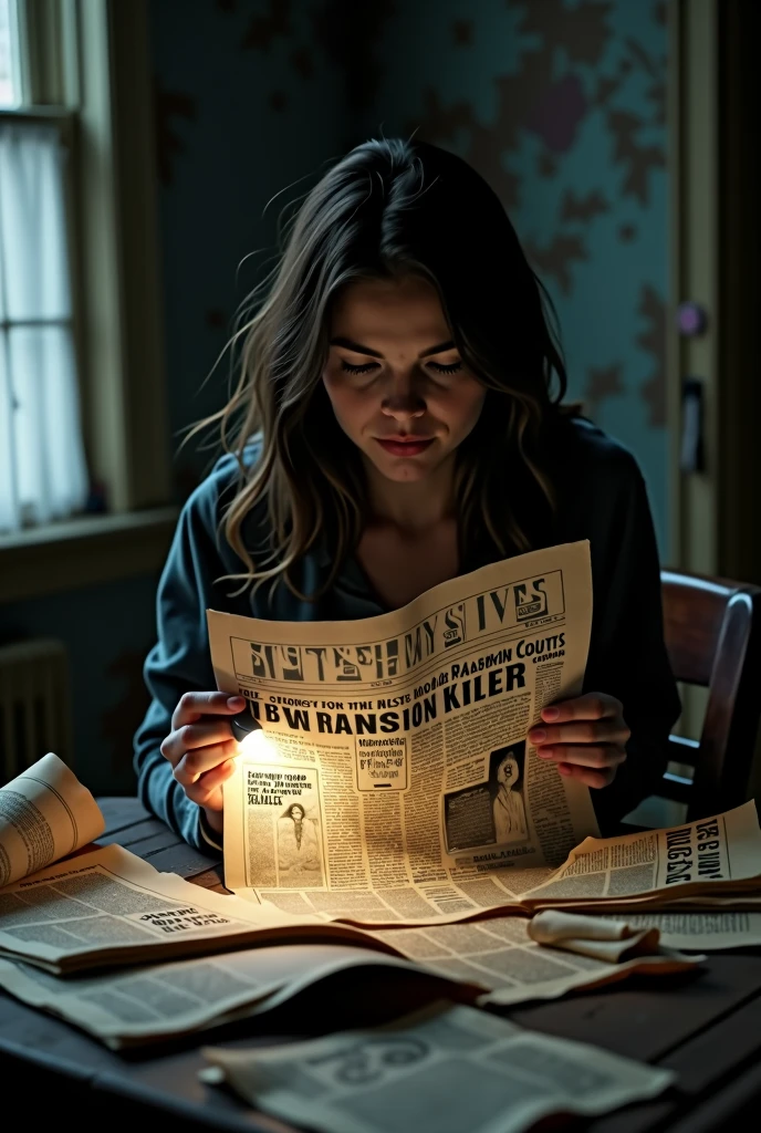 Finding the newspaper about the old murderess"
"The young woman enters a dark, dusty room, the air thick with the smell of mold and decay. The environment is decadent, with old furniture covered in dusty white sheets and dirty windows that let in only a faint glow of light. In the corner of the room, a dark wooden table is cluttered with old objects and crumpled papers.

As she explores, your eyes fall on an old, yellowed newspaper, partially hidden under a pile of other papers. Com cuidado, she takes it out and places it on the table, the light of the flashlight illuminating the crumpled pages. The newspaper&#39;s cover is dated decades ago and features a flashy headline about the old murderess: &#39;Mystery Solved&#39;: The Hunt for the Mansion Killer.

The first page reveals details about the crimes committed by the old woman, including reports of disappearances and brutal murders, as well as the capture of the killer and her apparent escape to this old house. The article describes the house as a place of terror and mystery., claiming that the old woman was never actually found.

The young woman reads the information with her heart racing, each word adding a new layer of fear and understanding about the danger she faces. The newspaper appears to confirm their worst fears and offers crucial clues as to what may be hidden in this sinister house.."
