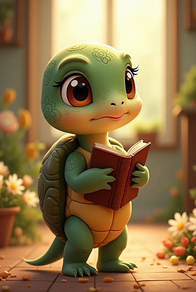 A female turtle holding a bible, being a young girl, animation style