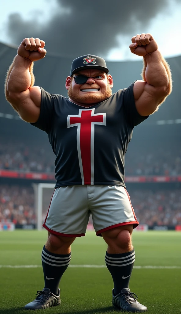 The mascot is an admiral, muscular, puffed-up chested, with an imposing appearance. He should be wearing a soccer uniform, a black shirt, with a white crossband, over the band a thick red Maltese cross on the chest, white shorts and socks, with a black admiral's hat with a thick red cross on the straight sides in the front. The admiral should be posing with a confident and friendly expression, wearing a black eye patch, raising both arms above his head, in a soccer stadium with fans in the background, black smoke rising into the air.
