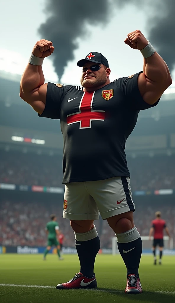 The mascot is an admiral, muscular, puffed-up chested, with an imposing appearance. He should be wearing a soccer uniform, a black shirt, with a white crossband, over the band a thick red Maltese cross on the chest, white shorts and socks, with a black admiral's hat with a thick red cross on the straight sides in the front. The admiral should be posing with a confident and friendly expression, wearing a black eye patch, raising both arms above his head, in a soccer stadium with fans in the background, black smoke rising into the air.