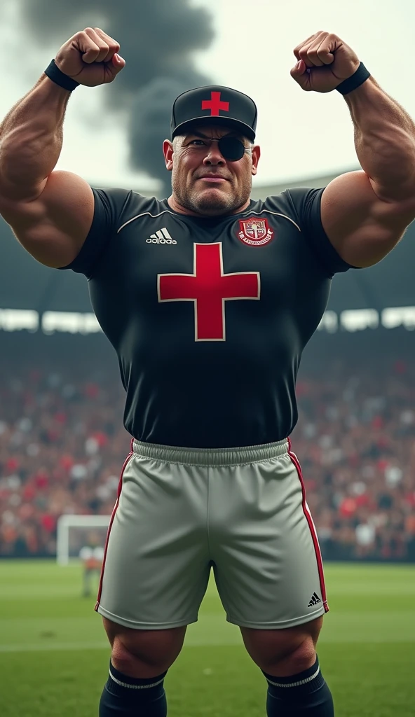 The mascot is an admiral, muscular, puffed-up chested, with an imposing appearance. He should be wearing a soccer uniform, a black shirt, with a white crossband, over the band a thick red Maltese cross on the chest, white shorts and socks, with a black admiral's hat with a thick red cross on the straight sides in the front. The admiral should be posing with a confident and friendly expression, wearing a black eye patch, raising both arms above his head, in a soccer stadium with fans in the background, black smoke rising into the air.