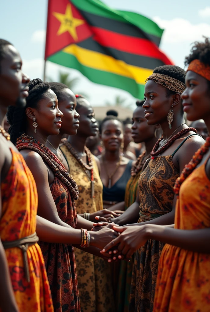 Hyperrealistic HD image of the inhabitants of Zimbabwe, Africa, Mixed tribes, Zimbabwean National flag flying, males and females, holding hands