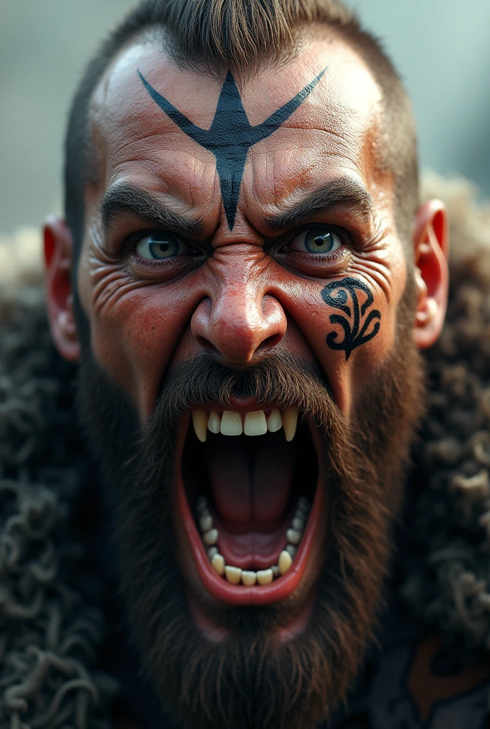 Realistic Viking warrior face screaming with teeth bared with a Norse tattoo around his eye and with his eyes open