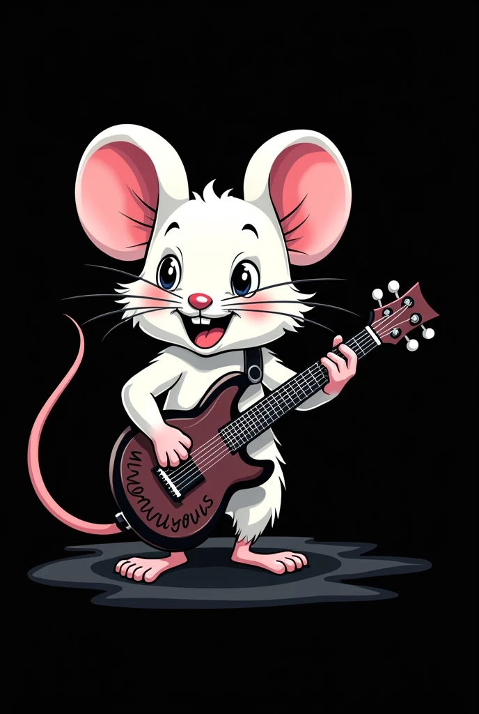 Make a picture of a white mouse playing a red guitar and the black background has to be a cartoon and a little scary and make it like a rock logo and on the guitar it has to say mendigoous Scary Make it scarier and say mendigoous below Another I loved this one just fix the name of the guitar it has to be written in black and it's mwndigoous with two o's
