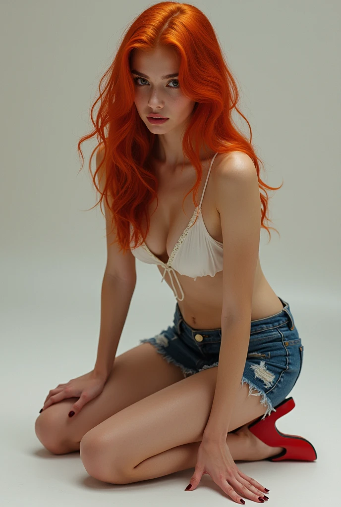 ((best quality)), ((masterpiece)), (detailed), A red-haired woman, in white bikini, denim skirt, red platform heel, kneeling with hands on the floor, face leaning against the ground