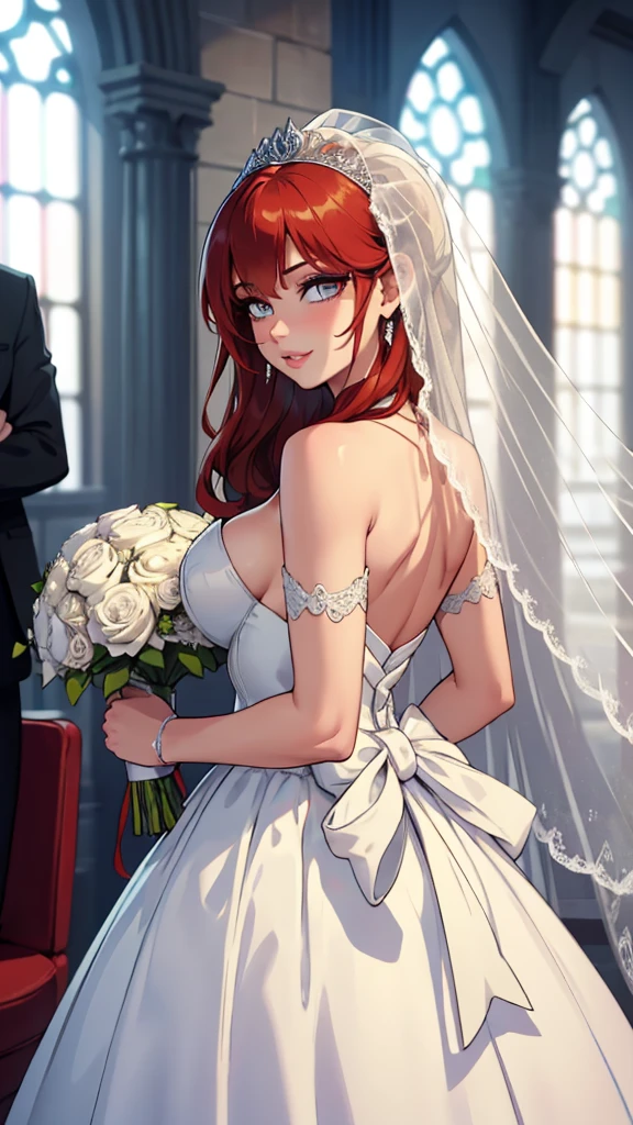 Pose: 1girl, masterpiece, highres, sonicedges_rias_gremory standing with her back facing the camera 
Expression: Soft, confident smile with eyes looking into the camera.
Attire: Elegant ((wedding dress, bridal veil, wedding, bouquet))that complements the glamorous setting.
Hair: Styled to cascade over one shoulder, with light waves.
Makeup: Subtle yet elegant, with emphasis on the eyes and lips.
Background: A softly blurred wedding church.
Lighting: Warm, soft lighting that highlights the woman's features and adds a glow to her skin.
Accessories: Minimal, such as a pair of delicate earrings or a simple necklace.
Mood: Elegant, confident, and slightly mysterious.