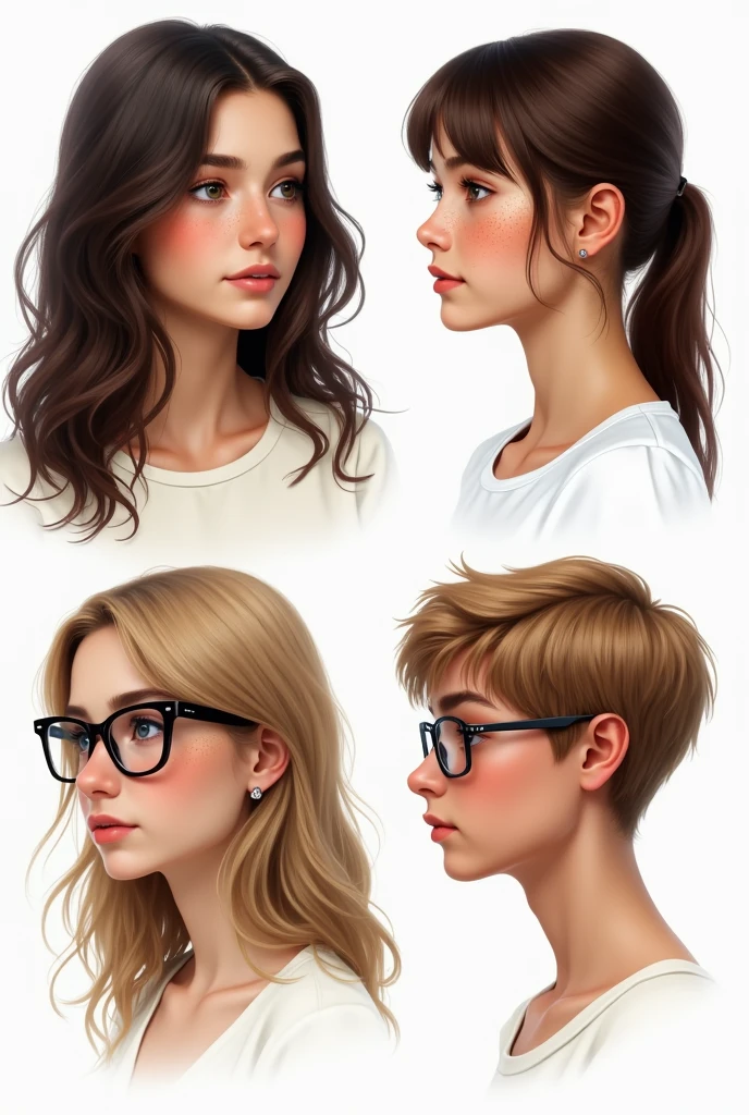 (photorealism:1.2) profile of a beautiful young woman with dark brown hair, curtain bangs hair, hazel eyes, and freckles. another profile of a young woman with brown hair, brown eyes and some freckles. another profile of a young pretty woman with straight blond hair, blue eyes and glasses. The last profile is of a young man with blond hair, blue eyes and glasses. faces on a white background and in a cartoon style