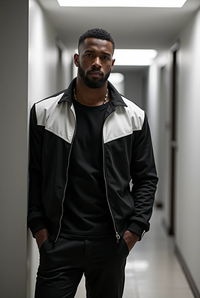 naughty man, generatiom x, 45years,  afroamerican short hair, beard ,stylish.bonitas, muscle. a stylish black and white jacket and a black t-shirt underneath. He is in a “Big Brother” style house 