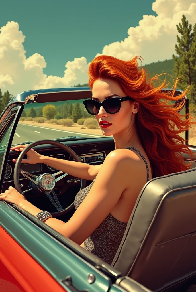 Femme rousse sexy long cheveux dans le  vent et lunettes noires au volant d’une voiture décapotable sur une vieille pochette de 45 tours records avec une bande horizontal en haut de la pochette 