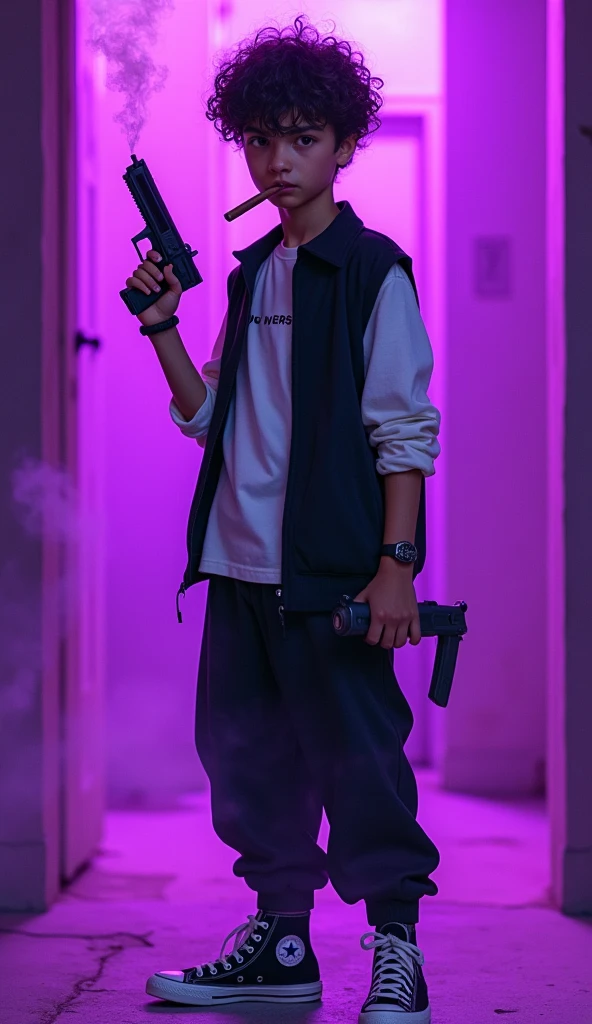 A boy with a height of 1 meter 55 centimeters of full body, with curly hair, Brown eyes (Not so big) moreno, with a white long-sleeved shirt and a black vest over the white shirt, with baggy black pants. Black and white Converse sneakers, Smoking a cigar with his right hand and smoke coming out of the cigar, and with a small Fine Line tactical weapon in his left hand with a phosphorescent purple background.