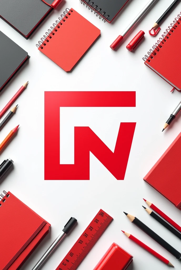 images of school supplies with a logo that has the initials "LM" and red in color