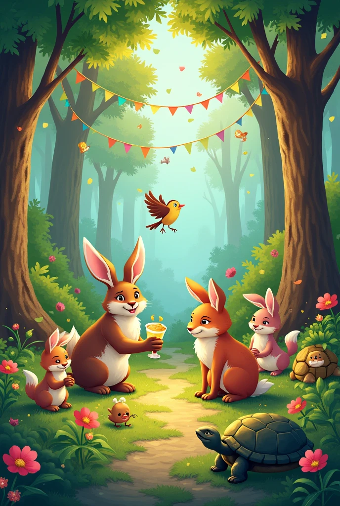 In a very happy forest, Many animals lived there: rabbits, foxes, birds and turtles. Everyone was very excited because today was the day of the big forest party..