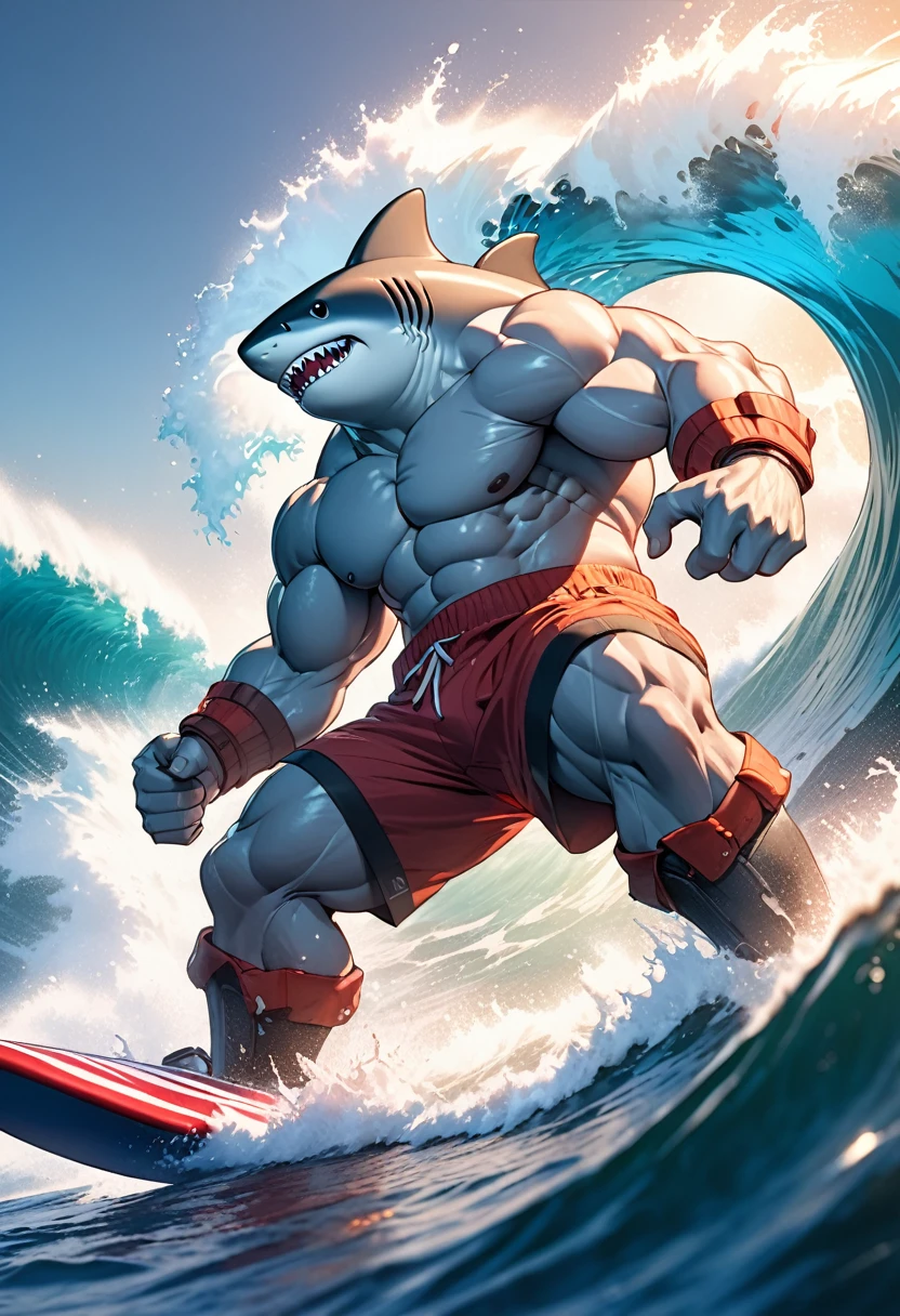 Masterpiece, best quality, cinematic image, bara, solo, anthropomorphic shark, gray body, attractive, big muscles, big torso, shorts (he is surfing a big ocean wave), dynamic movement, vibrant colors, powerful wave, impressive representation, ocean wave, detailed background, detailed anatomy, depth of field, ultra high resolution, 4k, hdr, cinematic image,