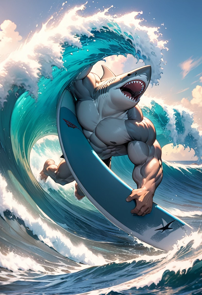 Masterpiece, best quality, cinematic image, bara, solo, anthropomorphic shark, gray body, attractive, big muscles, big torso, shorts (he is surfing a big ocean wave), dynamic movement, vibrant colors, powerful wave, impressive representation, ocean wave, detailed background, detailed anatomy, depth of field, ultra high resolution, 4k, hdr, cinematic image,