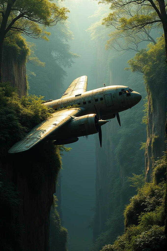 Abandoned plane on the edge of a ravine in the middle of the forest