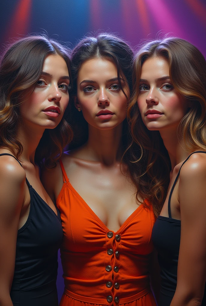 a beautiful detailed photo of 3 women and 2 band, intricate facial features, expressive eyes, highly detailed skin and clothing, dramatic studio lighting, vibrant colors, cinematic composition, moody atmosphere, photorealistic, award winning album cover art, oil painting, masterpiece, smiling and in a stage
