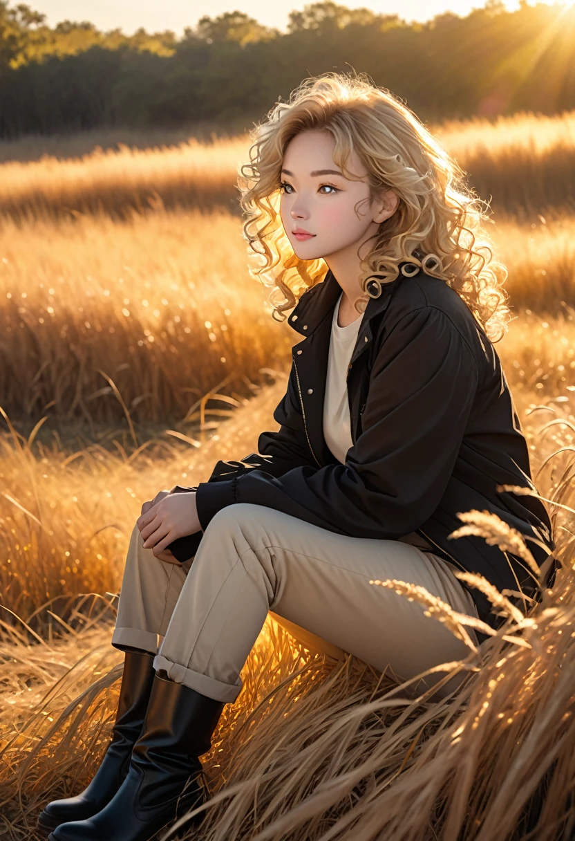 The image shows a person with long, curly blonde hair sitting in a field of tall, dry grass. The person is dressed in a dark jacket, light-colored pants, and black boots. The scene is illuminated by warm, golden sunlight, suggesting that it is either early morning or late afternoon. The overall atmosphere of the photo is peaceful and serene.
